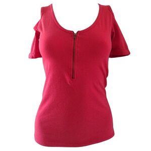 Color Story Blouse Women's S Red Scoop Neck Front Zip Could Shoulder Casual Boho